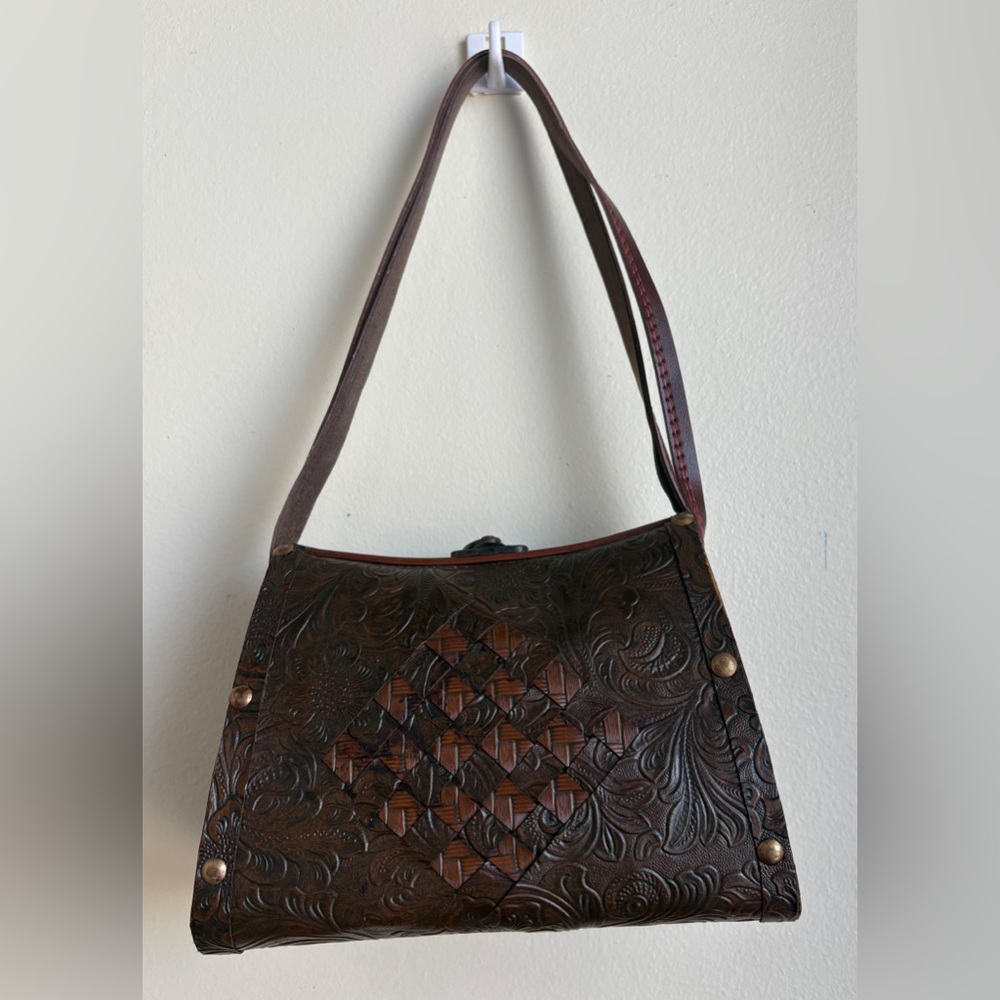 Vintage Brown‎ Leather Wood Handbag EUC